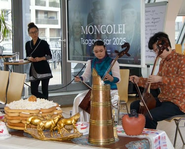 Musicians playing the Morin Khuur at a Mongolian Tsagaan Sar 2025 lunar new year cultural event.