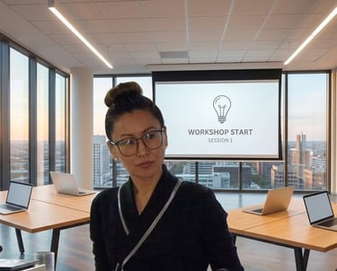 Professional woman leading a corporate workshop session in a modern office with city views.