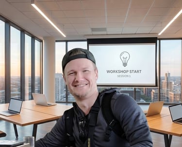 Smiling man in a modern office attending an innovation workshop session with city views.