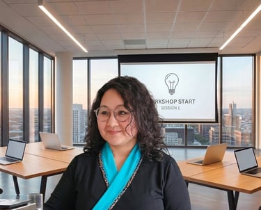 Professional woman at a corporate workshop session in a modern office with city views.