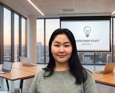 Professional woman at a corporate business workshop session in a modern office setting.