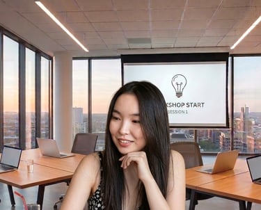 Smiling woman attending a corporate workshop in a modern office with laptops and city views.