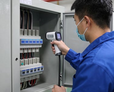 Technician using an infrared camera to scan electrical panels in an industrial setting.