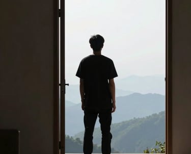 A warm, inviting workspace with a laptop open to a life decision calculator, surrounded by a cup of coffee and a notebook.