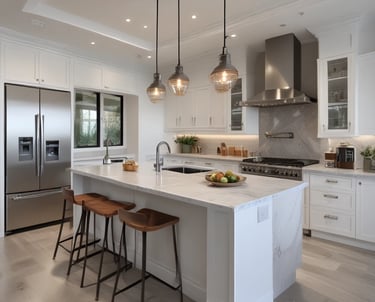 Bright and stylish kitchen renovation featuring minimalist cabinetry and green accents.