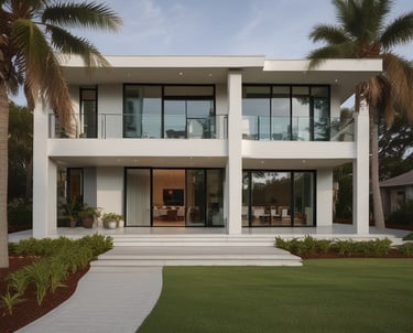 Modern home exterior showcasing impact-resistant windows with sleek black frames.