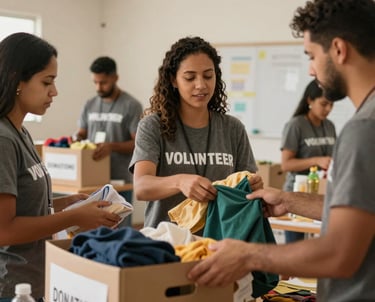 Heartwarming photograph of volunteers in a community center in Brazil organizing donation boxes of food and clothing. The scene shows organization, care, and a sense of shared purpose. Soft lighting, earthy palette colors, institutional and high-quality feel.