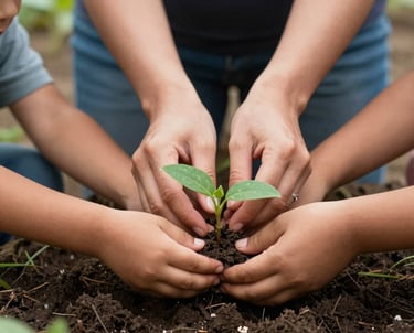 A close-up, heartwarming shot of a South American woman's hands guiding a child's hands as they plant a small sprout in a community garden. The lighting is soft and natural, emphasizing the concept of growth and care. Modern, professional photography with a focus on human connection.