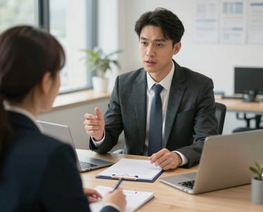 A confident consultant discussing pharma strategies with a client over a laptop.