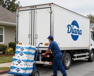 Delivery person handing a water bottle to a happy customer at their doorstep.