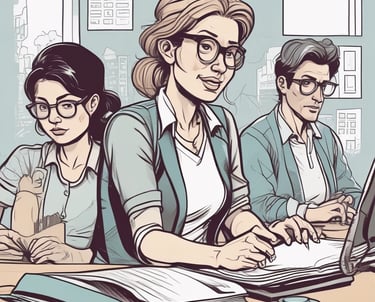 A friendly teacher engaging with children in a bright classroom.