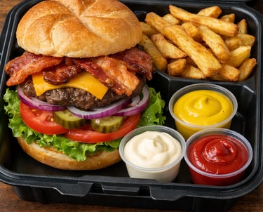 Bacon Cheeseburger with lettuce, tomatoes, onions, pickles and homestyle fries