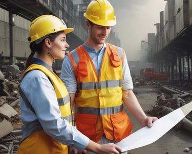 Engineer giving a safety training course to a group of workers in an industrial setting.