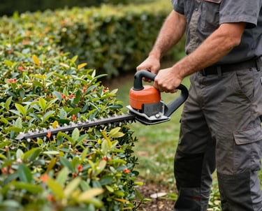 A veteran landscaper carefully mowing a lush green lawn under a bright blue sky.
