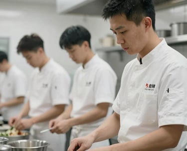 A blurred shot of a professional kitchen team in clean white uniforms working in a minimalist, high-end environment. Global / English-speaking setting.