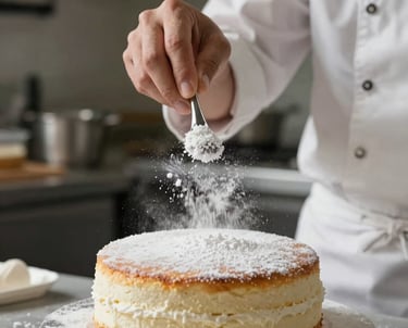 Action shot of a pastry chef dusting a cake with white powder. Global / English-speaking professional.