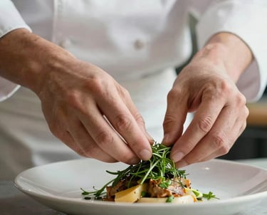 Close-up of a chef's hands carefully arranging herbs on a dish. Soft, natural lighting on a light background.