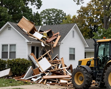 A sturdy blue tarp covering a damaged roof under a bright sky.