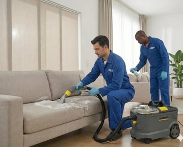 Tenicos limpiando sofas de color beis en Bogota