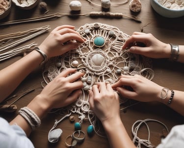 Manos elaborando un atrapasueños de macramé con piedras turquesa y cuentas sobre una mesa