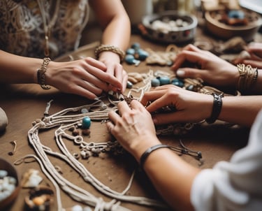 Artesanos elaborando joyería de macramé hecha a mano con cuentas y cordón en una mesa de taller