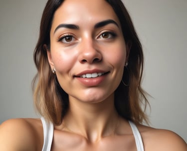 mujer sonriente con tirantes y cabello castaño al hombro
