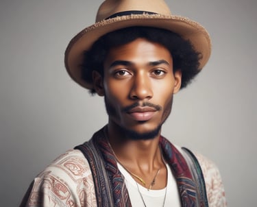hombre afrolatino con barba corta sombrero de paja y chaleco boho