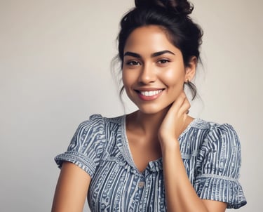 Mujer sonriente con un chongo de cabello oscuro que lleva un vestido azul de estilo bohemio