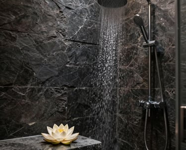 Photography of a luxurious shower room with dark slate walls and a rain shower head. Water droplets glisten on a smooth stone bench where a single lotus flower has been placed. Global / International Luxury spa interior.