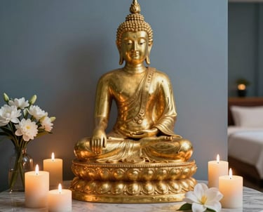 A serene photograph of a golden Buddha statue positioned among lit candles and delicate white flowers in a high-end spa lounge. The composition is balanced and tranquil, with soft slate blue and gold colors. Global / International Luxury.