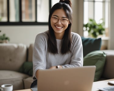 Smiling Asian woman wearing glasses working on a laptop at a home office desk.