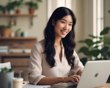 A smiling Asian businesswoman working on a laptop in a bright, modern home office.