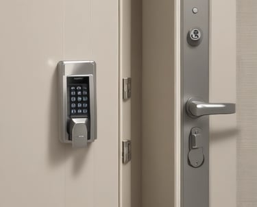 A sleek modern electronic lock installed on a stylish front door, symbolizing home security.