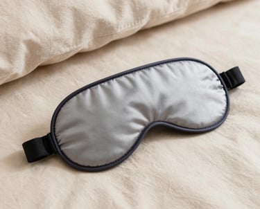 Elegant silk sleep mask resting on soft champagne-colored fabric with golden accents.