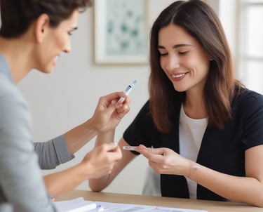 A person smiling while checking their health stats on a smartphone in a cozy home setting.