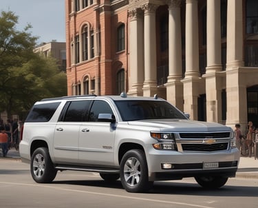 Professional chauffeur opening the door of a suburban for a client arriving at an event.