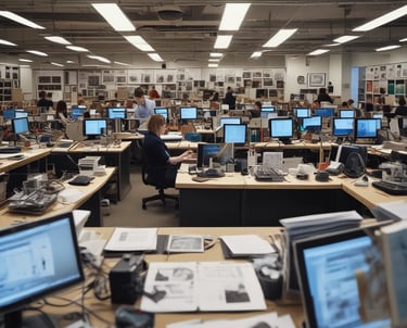 An editorial desk with laptops and open files, evoking a newsroom environment.