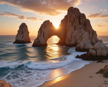A vibrant sunset over the iconic Cabo San Lucas arch with tourists enjoying a boat tour.