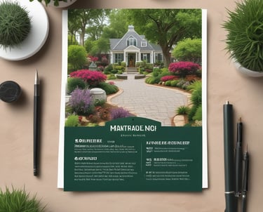 Close-up of a clean, professional flyer for a local lawn care service on a wooden desk.