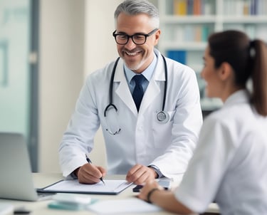 Clean medical consultation cards with blue icons on white background.