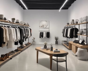 Cozy boutique corner with warm lighting, wooden shelves displaying artisan goods, and a glimpse of plants and natural textures.