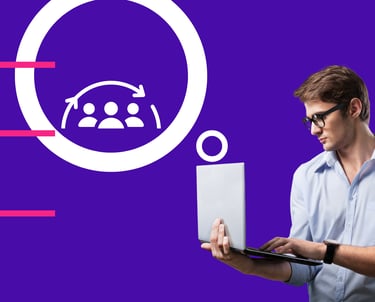 Professional man using a laptop with business team collaboration icons on a purple background.