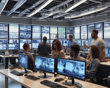 A diverse team collaborating over high-tech equipment in a modern workspace filled with screens displaying various technology systems.