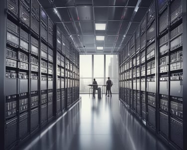 A team of engineers collaborating over complex IT system blueprints.