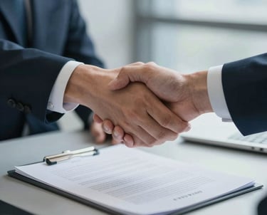 A close-up of a professional handshake or a signed contract on a modern desk, featuring clean lines and a palette of blues and grays, representing trust and reliability.