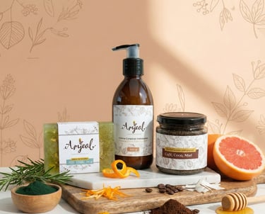 Cosmetica Natural sobre una tabla con ingredientes naturales