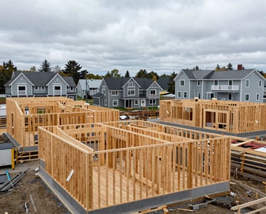 A bustling construction site in Nova Scotia with workers and machinery actively building a residential complex.