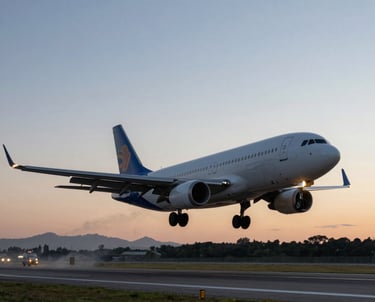 A commercial airplane prepares for landing on a runway during a scenic golden hour sunset.
