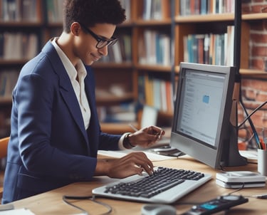 A friendly coach explaining cloud system concepts with a laptop and notes.