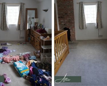 Before & after transformation picture of a children's bedroom after being decluttered & organised